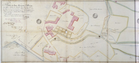 Plan du haut fourneau d'Autrey, des halles à charbon, d'un patouillet à roue [...] appartenant à messieurs Huot et Petitguyot maîtres de forges demeurant à Gray. © Région Bourgogne-Franche-Comté, Inventaire du patrimoine