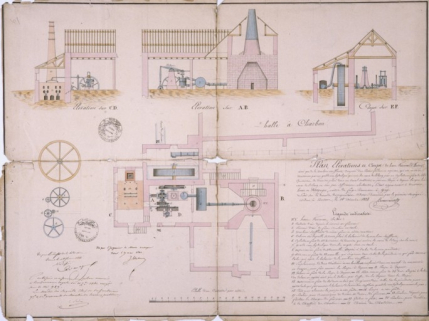 Plan, élévations et coupe du haut fourneau d'Autrey, ainsi que de la machine soufflante [...]. © Région Bourgogne-Franche-Comté, Inventaire du patrimoine
