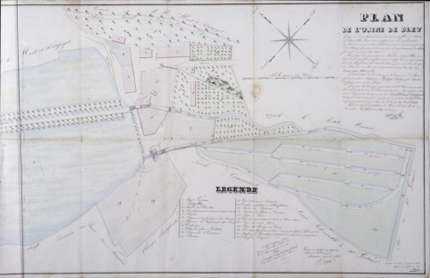Plan de l'usine de Bley composée d'un haut fourneau avec souffleries à pistons, de patouillets [...]. © Région Bourgogne-Franche-Comté, Inventaire du patrimoine