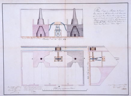 Plan, coupe et élévation de l'ancien haut fourneau de Blé [...]. © Région Bourgogne-Franche-Comté, Inventaire du patrimoine