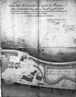 Plan de l'ensemble des usines de Baignes, de leurs dépendances et du cours d'eau appelé la Baignotte sur lequel elles sont situées, dressé par l'architecte soussigné dans le courant des mois [...] 1832 et janvier 1833, sur l'invitation de M. Kornpro… © Région Bourgogne-Franche-Comté, Inventaire du patrimoine