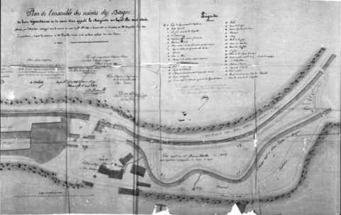 Plan de l'ensemble des usines de Baigne, de leurs dépendances et du cours d'eau appelé la Baignotte sur lequel elles sont situés [partie droite]. © Région Bourgogne-Franche-Comté, Inventaire du patrimoine