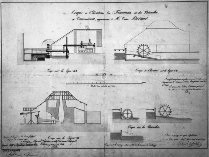 Coupes et élévations du fourneau et des patouillets de Vauconcourt, appartenant à Mme veuve Dornier. © Région Bourgogne-Franche-Comté, Inventaire du patrimoine