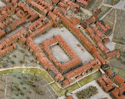 Quartier des Halles, 1823-1826. Extrait du plan-relief de 1823-1826, par R.G.I. Wild, échelle 1:1000 (conservé au Musée historique du Vieux Montbéliard). © Région Bourgogne-Franche-Comté, Inventaire du patrimoine Quartier des Halles, 1823-1826. Extrait du plan-relief de 1823-1826, par R.G.I. Wild, échelle 1:1000 (conservé au Musée historique du Vieux Montbéliard). © Région Bourgogne-Franche-Comté, Inventaire du patrimoine