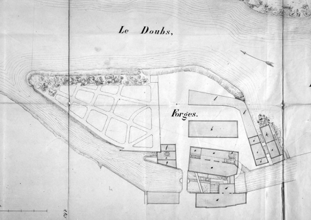 Plan des usines établies sur le Doubs, à Fraisans (Jura) [détail de la Vieille Forge]. © Région Bourgogne-Franche-Comté, Inventaire du patrimoine