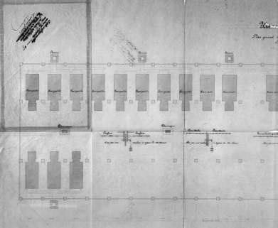 Usine de Fraisans. Plan général de disposition de la Forge [détail de la partie gauche du plan]. © Région Bourgogne-Franche-Comté, Inventaire du patrimoine