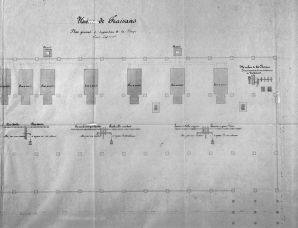 Usine de Fraisans. Plan général de disposition de la Forge [détail de la partie droite du plan]. © Région Bourgogne-Franche-Comté, Inventaire du patrimoine