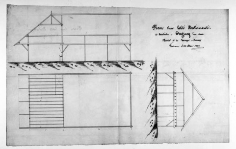 Plan d'un petit bâtiment à construire à Ougney pour servir d'écurie et de hangar à fourrage. © Région Bourgogne-Franche-Comté, Inventaire du patrimoine