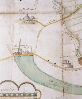 Plan et figure géométrique de la forêt d'Autrey mesure arpenté au mois d'août 1705 par les arpenteurs du Roy [...], plan formé et figuré par Claude Dausse en 1764 [détail : le haut fourneau d'Echalonge]. © Région Bourgogne-Franche-Comté, Inventaire du patrimoine