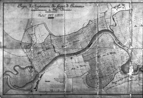 Projet de règlement des forges de Pesmes appartenant à M. Dornier. Plan des lieux [partie gauche]. © Région Bourgogne-Franche-Comté, Inventaire du patrimoine
