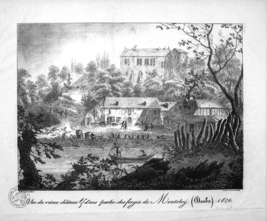 Vue du vieux château et d'une partie des forges de Montcley (Doubs), 1826. © Région Bourgogne-Franche-Comté, Inventaire du patrimoine