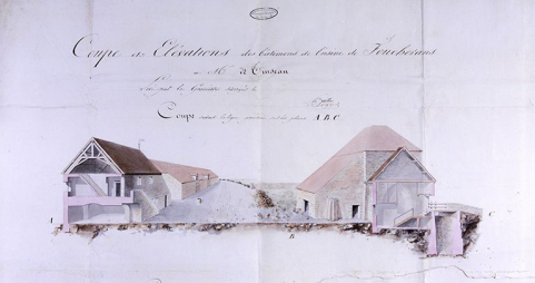 Logement patronal (B) et bâtiment du haut-fourneau en 1827 : coupe transversale. © Région Bourgogne-Franche-Comté, Inventaire du patrimoine Logement patronal (B) et bâtiment du haut-fourneau en 1827 : coupe transversale. © Région Bourgogne-Franche-Comté, Inventaire du patrimoine