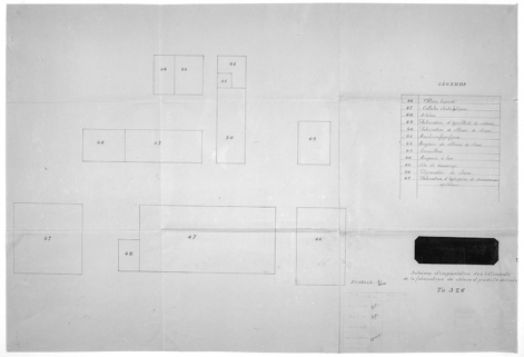 Schéma d'implantation des bâtiments de la fabrication de chlore et produits dérivés. Ta.326. © Région Bourgogne-Franche-Comté, Inventaire du patrimoine Schéma d'implantation des bâtiments de la fabrication de chlore et produits dérivés. Ta.326. © Région Bourgogne-Franche-Comté, Inventaire du patrimoine