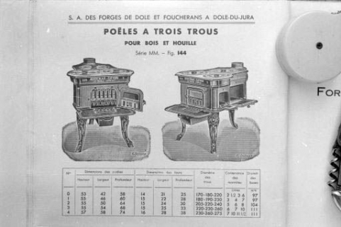 Exemple de production de la fonderie : poêle à trois trous pour bois et houille, série MM. © Région Bourgogne-Franche-Comté, Inventaire du patrimoine Exemple de production de la fonderie : poêle à trois trous pour bois et houille, série MM. © Région Bourgogne-Franche-Comté, Inventaire du patrimoine
