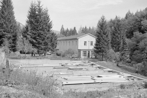 Bassins et bâtiment, depuis le sud-ouest. © Région Bourgogne-Franche-Comté, Inventaire du patrimoine
