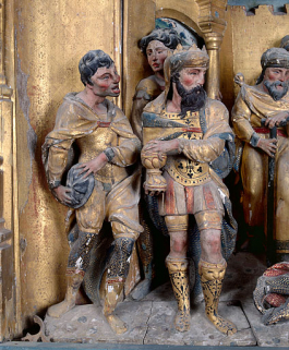 Adoration des Mages, détail : le mage de gauche et deux serviteurs. © Région Bourgogne-Franche-Comté, Inventaire du patrimoine