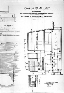 Ville de Dole (Jura). Alimentation d'eau [...] Plan et coupes du moulin indiquant la chambre d'eau [coupe transversale]. © Région Bourgogne-Franche-Comté, Inventaire du patrimoine