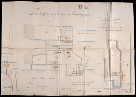2e feuille de plan des usines de Conflandey [...] Plan et coupe du haut fourneau, plan de la forge, des courants et du laminoir projeté. © Région Bourgogne-Franche-Comté, Inventaire du patrimoine
