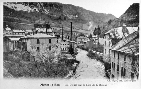 Morez-le-Bas - Les Usines sur le bord de la Bienne, 1er quart 20e siècle. © Région Bourgogne-Franche-Comté, Inventaire du patrimoine Morez-le-Bas - Les Usines sur le bord de la Bienne, 1er quart 20e siècle. © Région Bourgogne-Franche-Comté, Inventaire du patrimoine