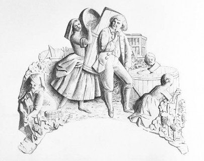 Projet de couronnement d'horloge : scène de vendanges. © Région Bourgogne-Franche-Comté, Inventaire du patrimoine Projet de couronnement d'horloge : scène de vendanges. © Région Bourgogne-Franche-Comté, Inventaire du patrimoine