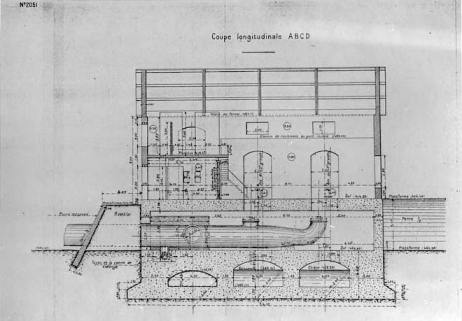 Usine du lac de Chalain. Bâtiment. Coupes [détail] : Coupe longitudinale ABCD. © Région Bourgogne-Franche-Comté, Inventaire du patrimoine