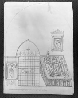 Intérieur, chapelle à gauche du choeur (ancienne chapelle de Marmier) : mur ouest et tombeau. © Région Bourgogne-Franche-Comté, Inventaire du patrimoine