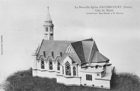 La Nouvelle Eglise d'AUDINCOURT. - Côté de l'Ecole (Architectes : Dom BELLOT et M. HEZARD). © Région Bourgogne-Franche-Comté, Inventaire du patrimoine