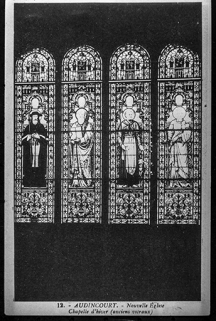 12. AUDINCOURT. - Nouvelle Eglise, chapelle d'hiver (anciens vitraux). . Carte postale. © Région Bourgogne-Franche-Comté, Inventaire du patrimoine