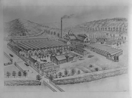 Vue cavalière de l'usine, 1901. © Région Bourgogne-Franche-Comté, Inventaire du patrimoine ;  Musée du Temps, Besançon