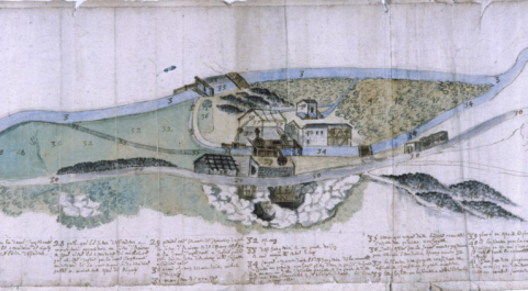 Plan de 1647 : détail du site de la forge. © Région Bourgogne-Franche-Comté, Inventaire du patrimoine