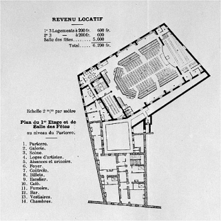 Plans de la Maison du Peuple de St Claude. Plan du 1er Etage et de la Salle des Fêtes au niveau du Parterre. © Région Bourgogne-Franche-Comté, Inventaire du patrimoine