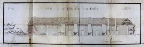Coupe sur la longueur de la forge. © Région Bourgogne-Franche-Comté, Inventaire du patrimoine