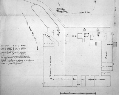 Plan des forges de Syam appartenant à Madame Veuve Jobez [...], détail de l'usine. © Région Bourgogne-Franche-Comté, Inventaire du patrimoine