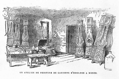 Un atelier de peinture de cabinets d'horloge à Morez, décennie 1890. © Région Bourgogne-Franche-Comté, Inventaire du patrimoine Un atelier de peinture de cabinets d'horloge à Morez, décennie 1890. © Région Bourgogne-Franche-Comté, Inventaire du patrimoine