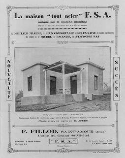La maison " tout acier " F.S.A. vers 1928 : façades antérieure et latérale droite. © Région Bourgogne-Franche-Comté, Inventaire du patrimoine