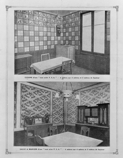 La maison " tout acier " F.S.A. vers 1928 : intérieur de la cuisine et de la salle à manger. © Région Bourgogne-Franche-Comté, Inventaire du patrimoine