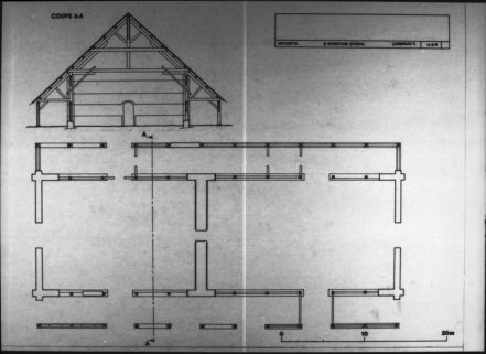 Plan et coupe de la halle à charbon. Relevé graphique, 1988, M. Brugier et F. Corbineau, échelle 1:1250. © Région Bourgogne-Franche-Comté, Inventaire du patrimoine