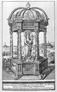 Gravure sur bois, datée 1695, représentant la statue de Notre-Dame de Gray sous un dais à colonne. © Région Bourgogne-Franche-Comté, Inventaire du patrimoine Gravure sur bois, datée 1695, représentant la statue de Notre-Dame de Gray sous un dais à colonne. © Région Bourgogne-Franche-Comté, Inventaire du patrimoine