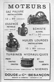 Publicité de la société Douge et Cie montant des exemples de sa production (moteurs et turbines), 1925. © Région Bourgogne-Franche-Comté, Inventaire du patrimoine Publicité de la société Douge et Cie montant des exemples de sa production (moteurs et turbines), 1925. © Région Bourgogne-Franche-Comté, Inventaire du patrimoine