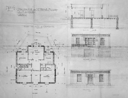 Propriété de Mr René Fillod [...] N° 4. Plan du rez-de-chaussée, coupe AB [longitudinale], façade ouest, façade est. © Région Bourgogne-Franche-Comté, Inventaire du patrimoine