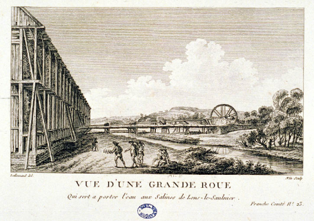 Vue d'une grande roue qui sert à porter l'eau aux Salines de Lons-le-Saulnier. © Région Bourgogne-Franche-Comté, Inventaire du patrimoine Vue d'une grande roue qui sert à porter l'eau aux Salines de Lons-le-Saulnier. © Région Bourgogne-Franche-Comté, Inventaire du patrimoine