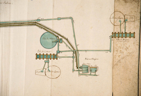 Plan des Différents Cours des Eaux salées et douces [... : détail du puits à muire et des bernes du Creux et du Poupet]. © Région Bourgogne-Franche-Comté, Inventaire du patrimoine
