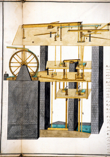 Machines Hidrauliques Qui Elèvent Les Eaux salées et douces du puit à Muÿre [partie gauche du dessin]. © Région Bourgogne-Franche-Comté, Inventaire du patrimoine