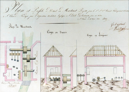 Plan et profils de détail du martinet projetté par le Sr Jn Pre Benoit fabricant cloutier à St Claude. © Région Bourgogne-Franche-Comté, Inventaire du patrimoine Plan et profils de détail du martinet projetté par le Sr Jn Pre Benoit fabricant cloutier à St Claude. © Région Bourgogne-Franche-Comté, Inventaire du patrimoine