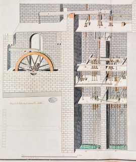 Machine hidraulique pour l'élévation des eaux salées et douces du Puits à muire de la Petite Saline [... : détail de la partie gauche]. © Région Bourgogne-Franche-Comté, Inventaire du patrimoine