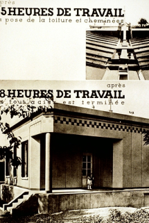 Montage d'une maison tout acier dans les années 1930 : pose de la cheminée et maison achevée. © Région Bourgogne-Franche-Comté, Inventaire du patrimoine