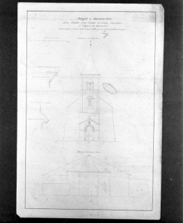 Projet de construction d'un clocher, d'un choeur et d'une sacristie à l'église des Moussières [élévation du clocher, élévation du rond-point]. © Région Bourgogne-Franche-Comté, Inventaire du patrimoine