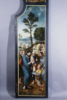 Face externe du volet gauche : la Multiplication des poissons (après restauration). © Région Bourgogne-Franche-Comté, Inventaire du patrimoine