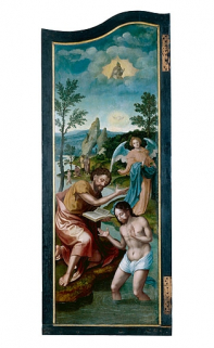 Face externe du volet gauche : le Baptême du christ (après restauration). © Région Bourgogne-Franche-Comté, Inventaire du patrimoine