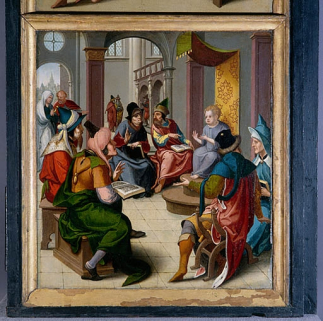 Face interne du volet droit : Jésus au milieu des docteurs (après restauration). © Région Bourgogne-Franche-Comté, Inventaire du patrimoine